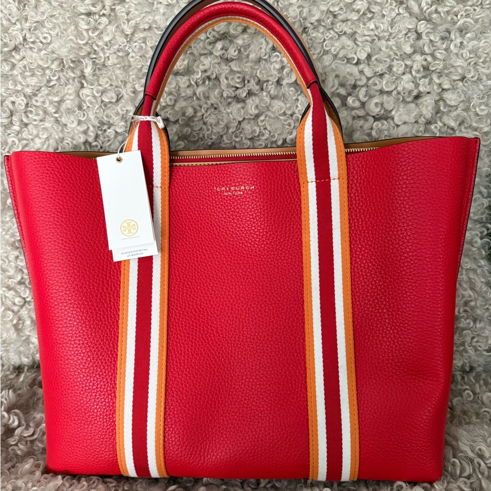 Tory Burch Perry multi-stripe Triple-Compartment Tote - Brilliant Red - NWT